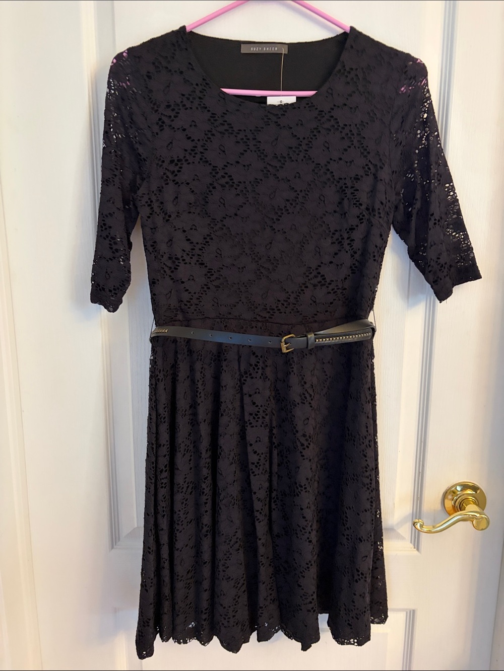 Suzy Shier Black Lace Midi Dress with Belt